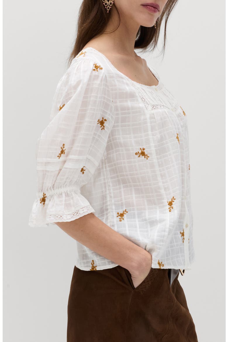 Floral Embroidered Lace Trim Button-Up Top, Alternate, color, SOFT WHITE