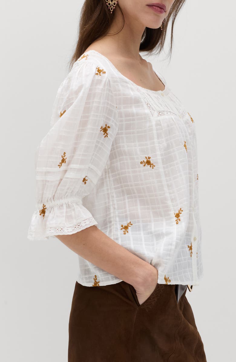PER UNA BY M&S Floral Embroidered Lace Trim Button-Up Top, Alternate, color, Soft White