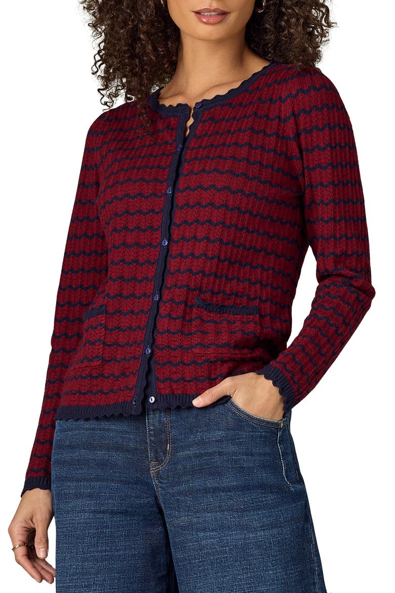 Stripe Round Neck Cardigan, Main, color, FIRED BRICK/ NAVY