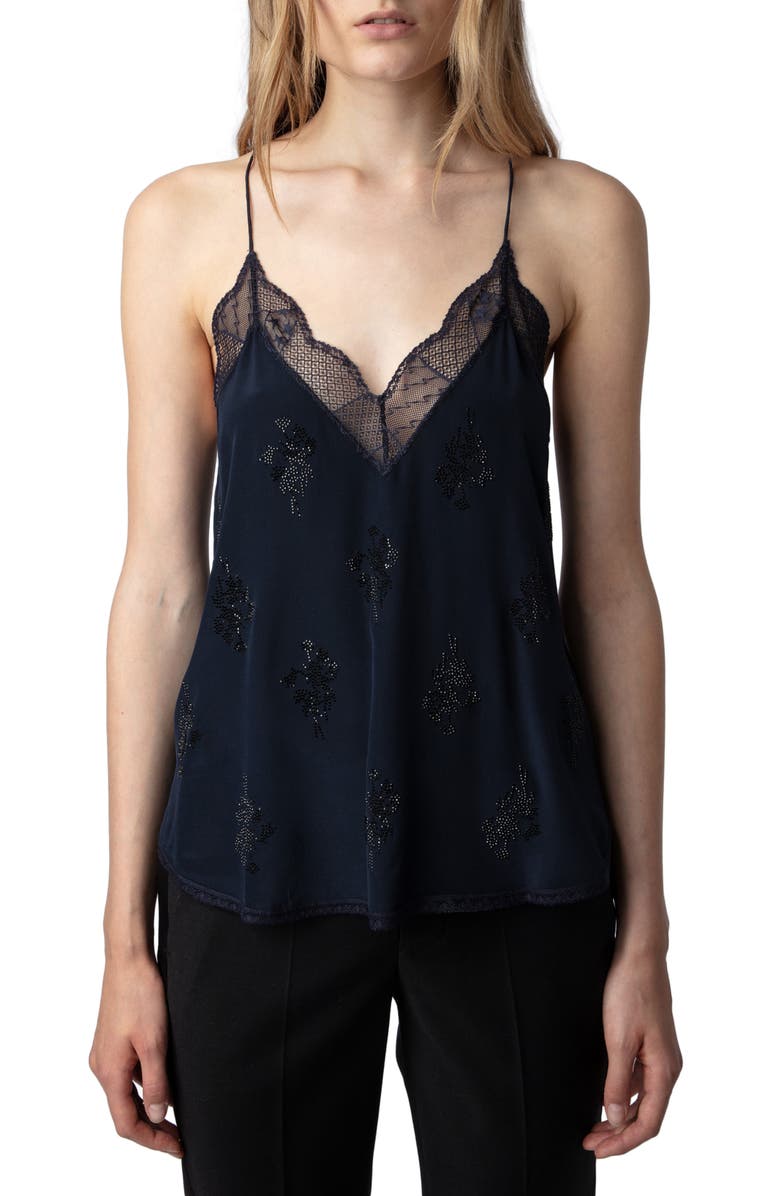 Zadig & Voltaire Christy Lace Embellished Racerback Silk Camisole, Main, color,