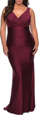 La Femme Simple Jersey Plus Size Gown with Faux Wrap Bodice
