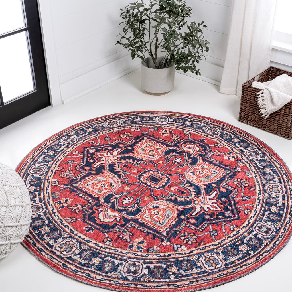 Jonathan Y Cirali Ornate Large Medallion Machine-washable Round Area Rug In Red/navy