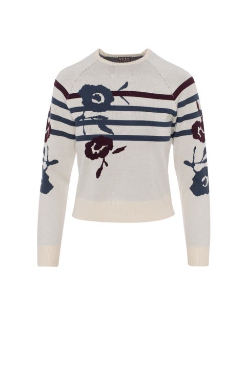 Striped Knit Floral Front Long Sleeve Sweater