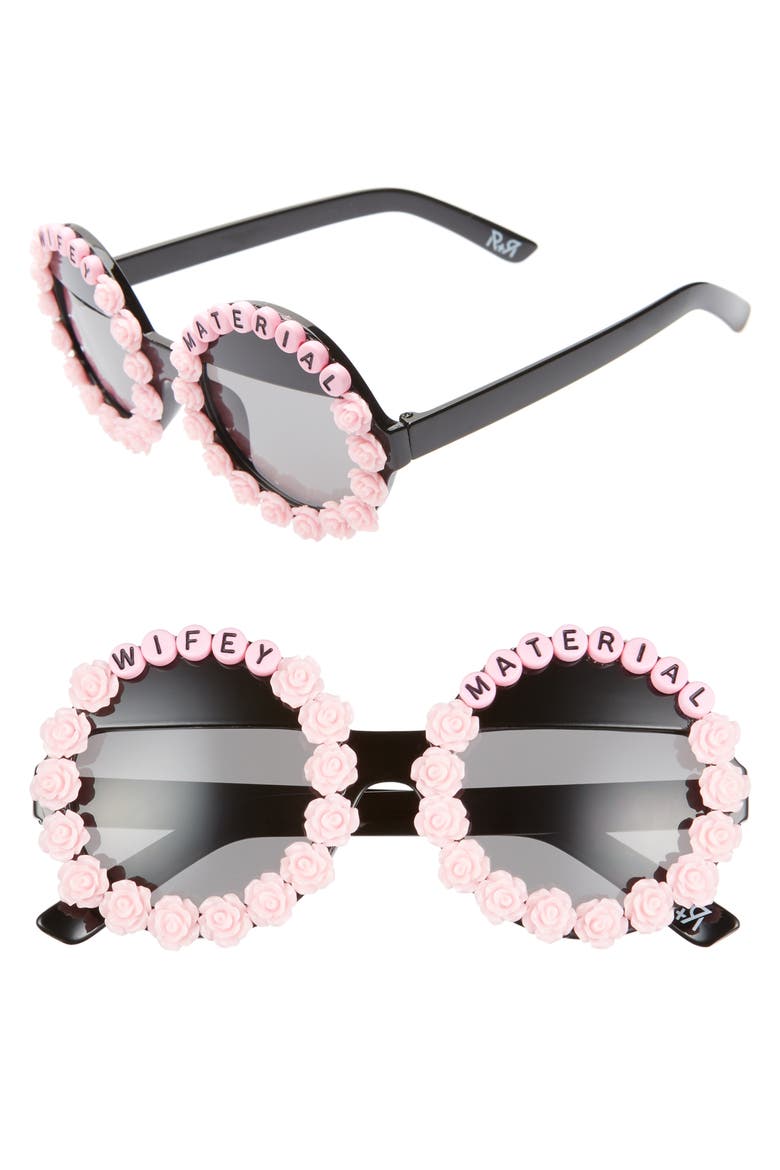 Wifey Material Flower Round Sunglasses, Main, color, PINK/ BLACK