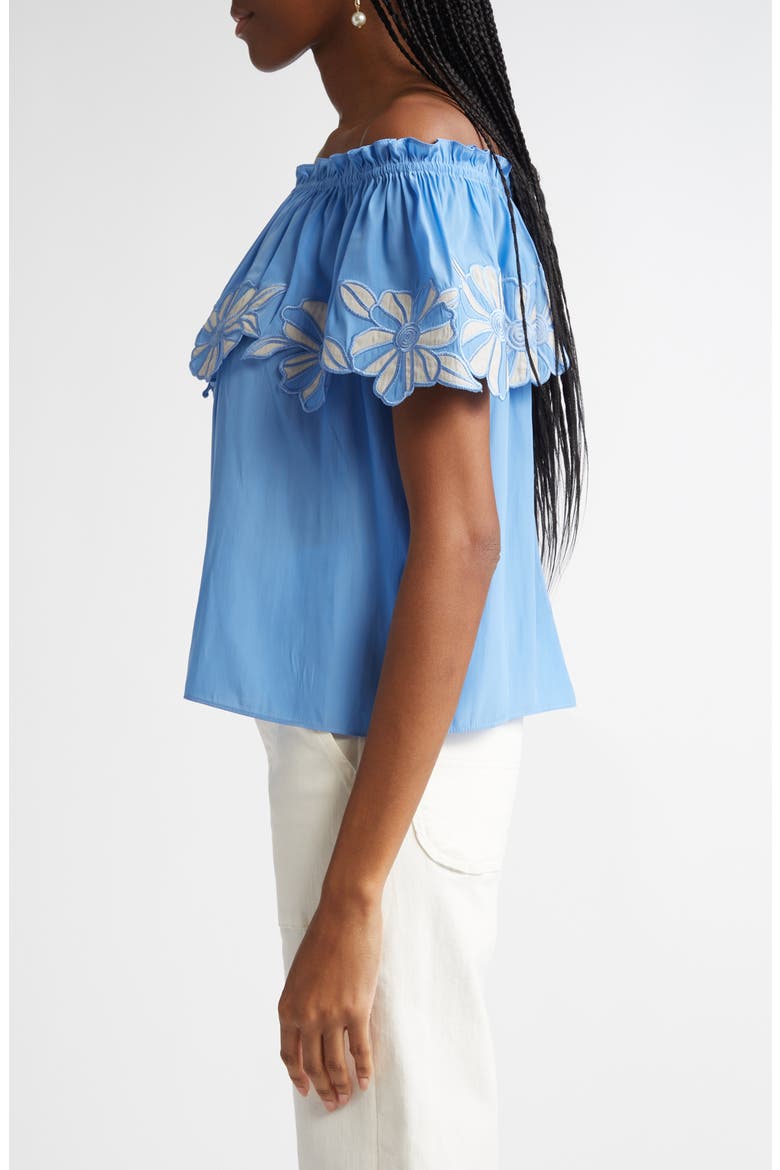 Terri Embroidered Floral Ruffle Off the Shoulder Top, Alternate, color, RIBBON BLUE