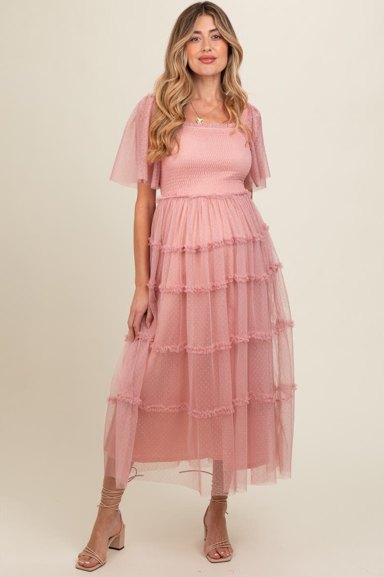 Ruffled Mesh Maxi Dress, Alternate, color, Pink