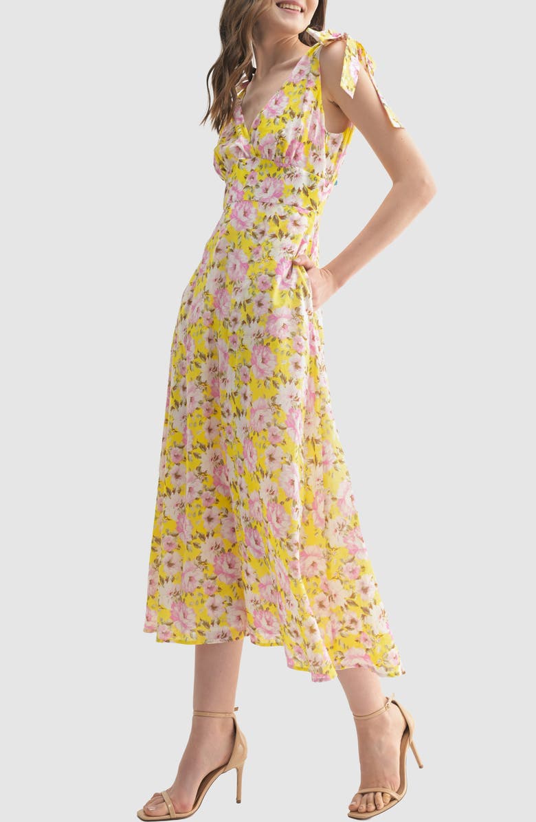 Lush Shoulder Tie Midi Dress, Alternate, color, Yellow Pink Floral