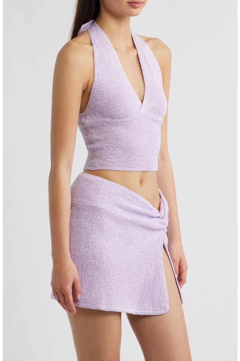 Retro Sequin Knit Tie Halter Neck Crop Top, Alternate, color, LILAC GLIMMER