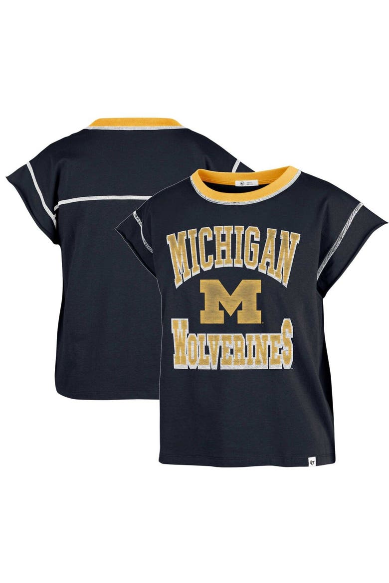 Women's '47 Navy Michigan Wolverines Sound Up Maya Cutoff T-Shirt, Main, color, Navy