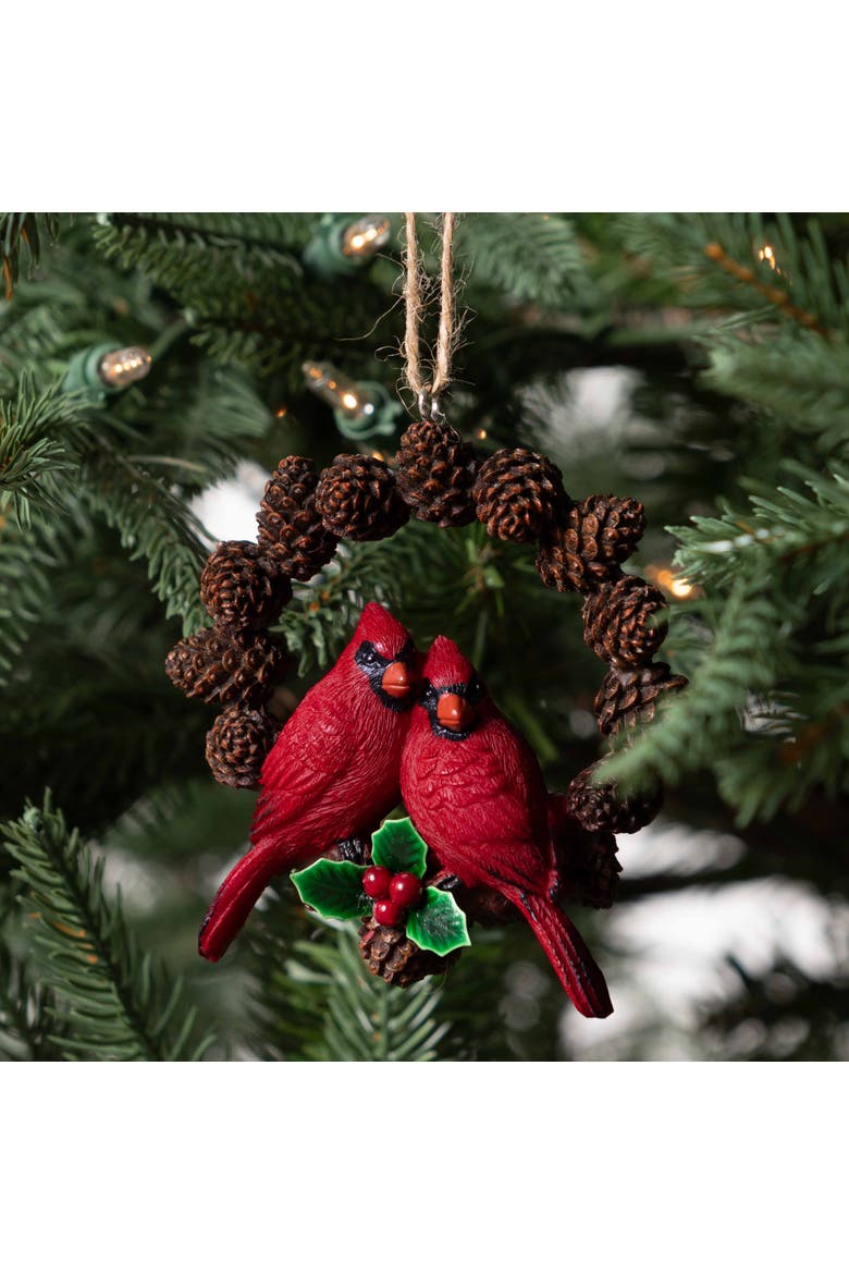 Paired Cardinals Pinecone Wreath Christmas Ornament, Alternate, color, Red