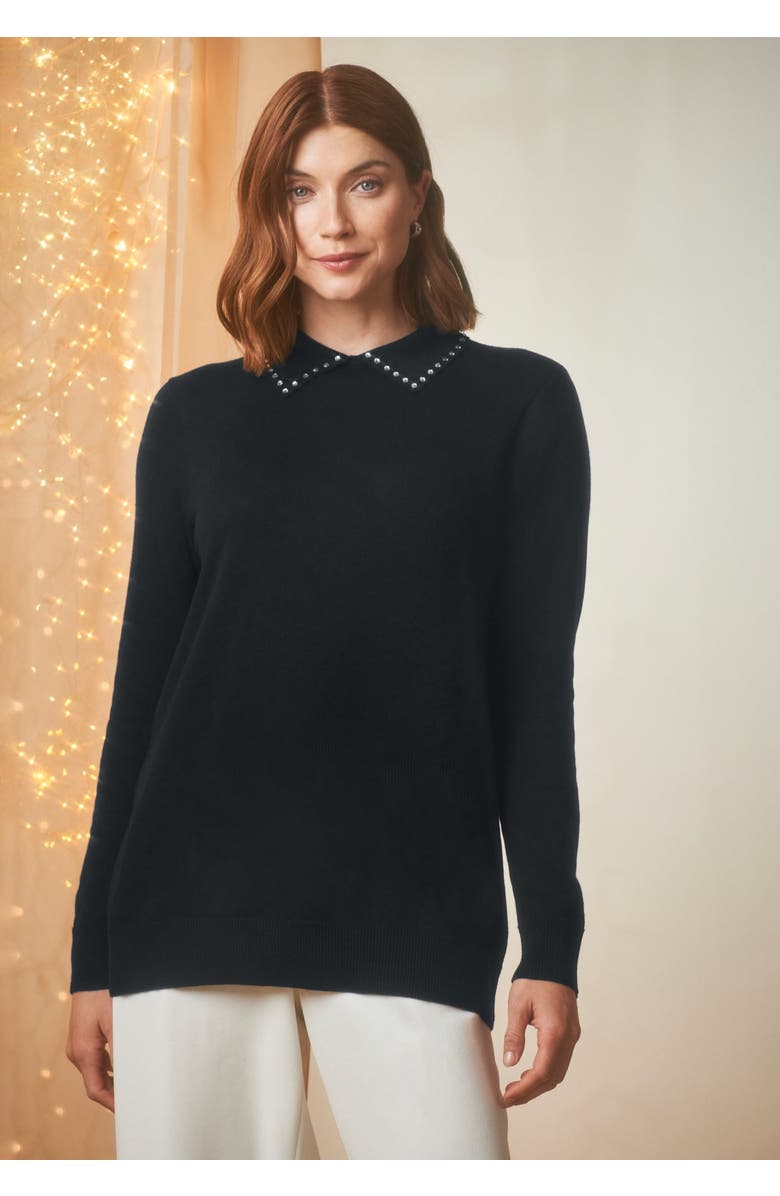 Jessica London Fine Gauge Embellished Sweater, Main, color, Black Rhinestone Collar
