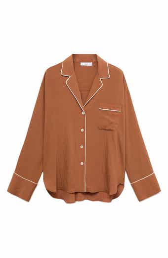 MANGO Contrast Piping Crinkle Oversize Button-Up Shirt
