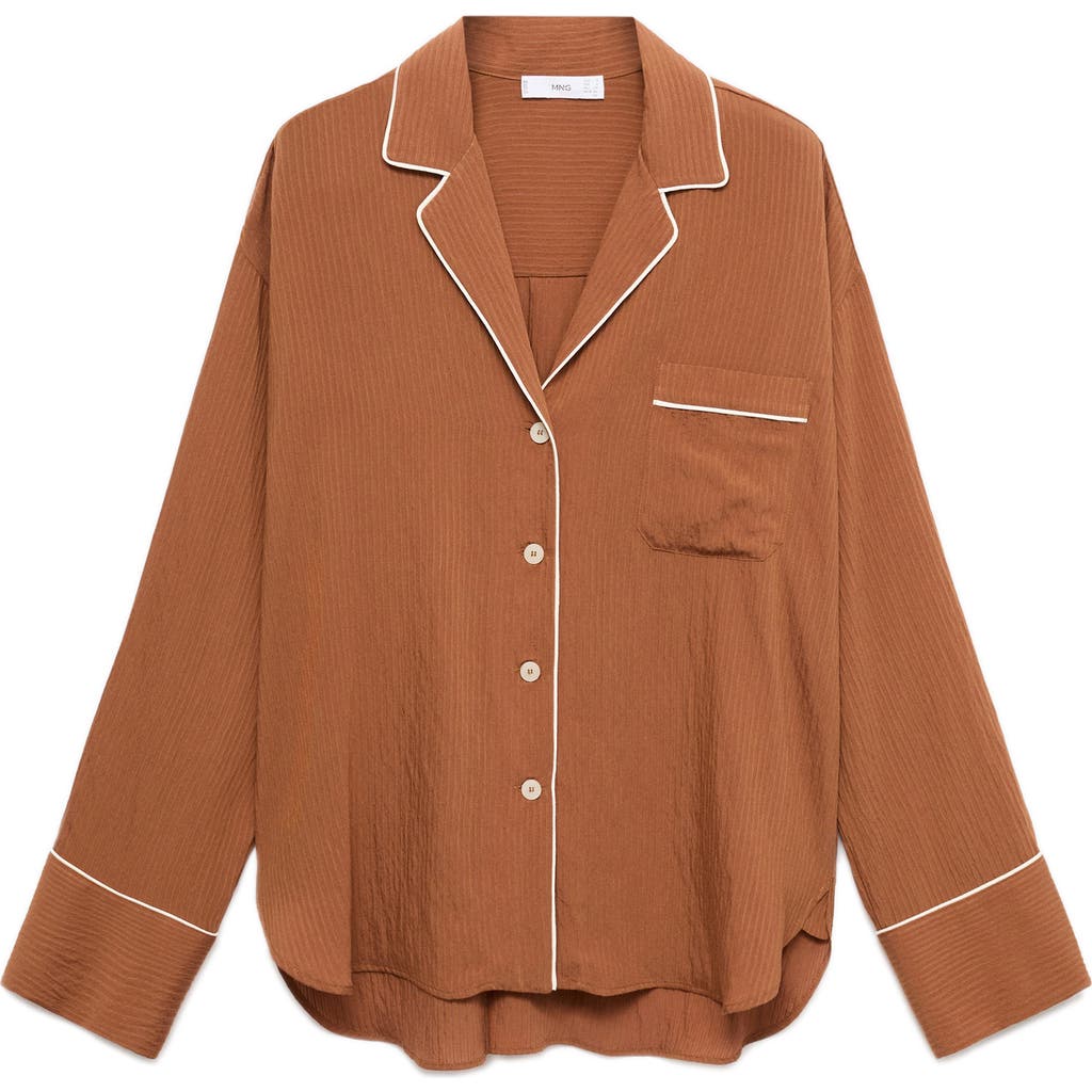 Mango Contrast Piping Crinkle Oversize Button-up Shirt In Brown