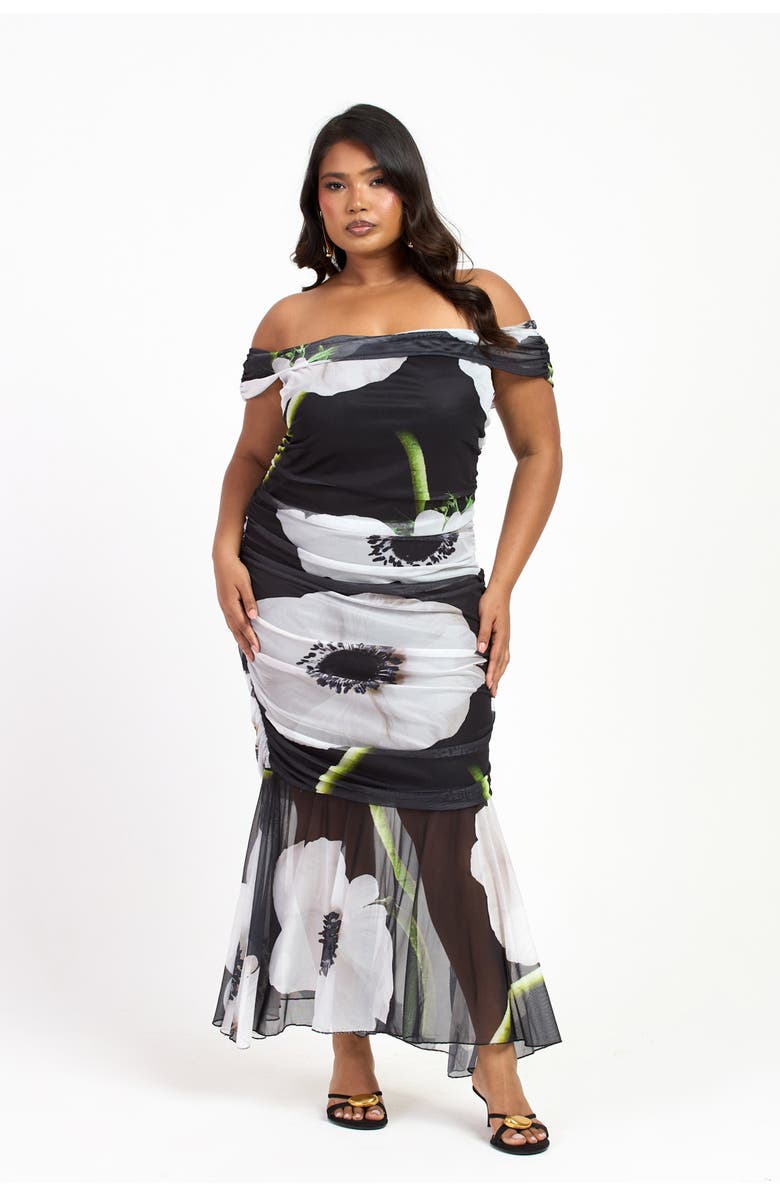 FASHION-SZN CURVE Plus Size Bold Floral Ruched Midi Dress, Main, color, Black