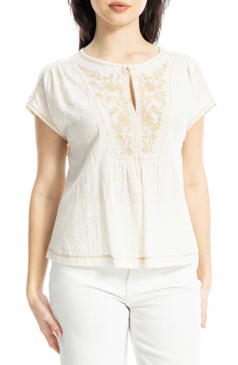 Embroidered Short Sleeve Cotton Blend Top
