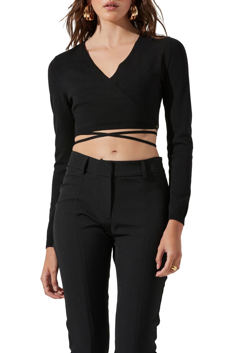 Tie Waist Wrap Sweater, Main, color, BLACK