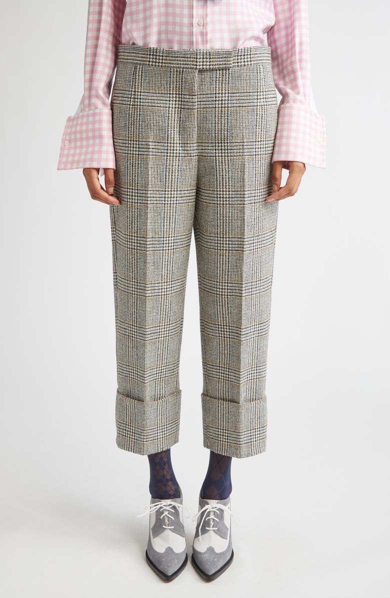 Thom Browne Pow Glen Plaid Hunting Tweed Crop Backstrap Trousers, Main, color, Black/ White