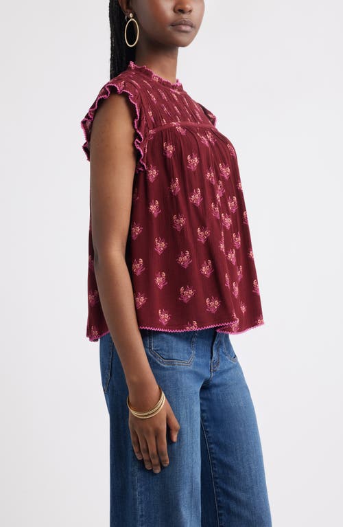 Treasure & Bond Shirred Ruffle Sleeve Top In Burgundy
