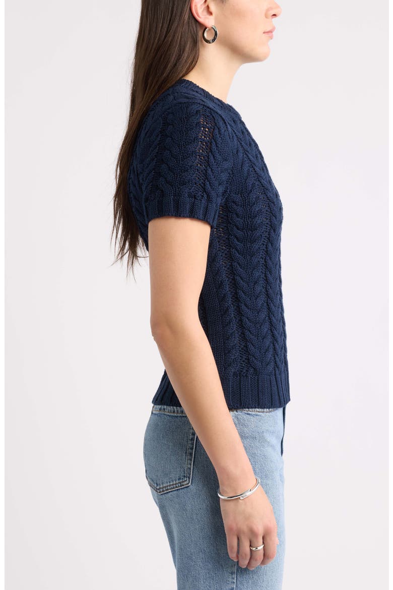 Cable Stitch Short Sleeve Cotton Sweater, Alternate, color, NAVY STILL