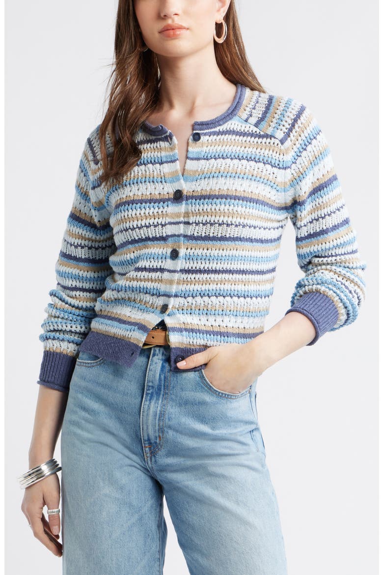 Stripe Pointelle Knit Button Front Cotton Cardigan, Main, color, BLUE BLISSFUL STRIPE