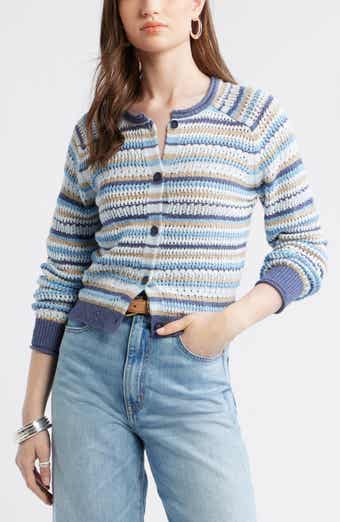 Stripe Pointelle Knit Button Front Cotton Cardigan