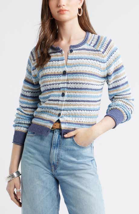 Stripe Pointelle Knit Button Front Cotton Cardigan