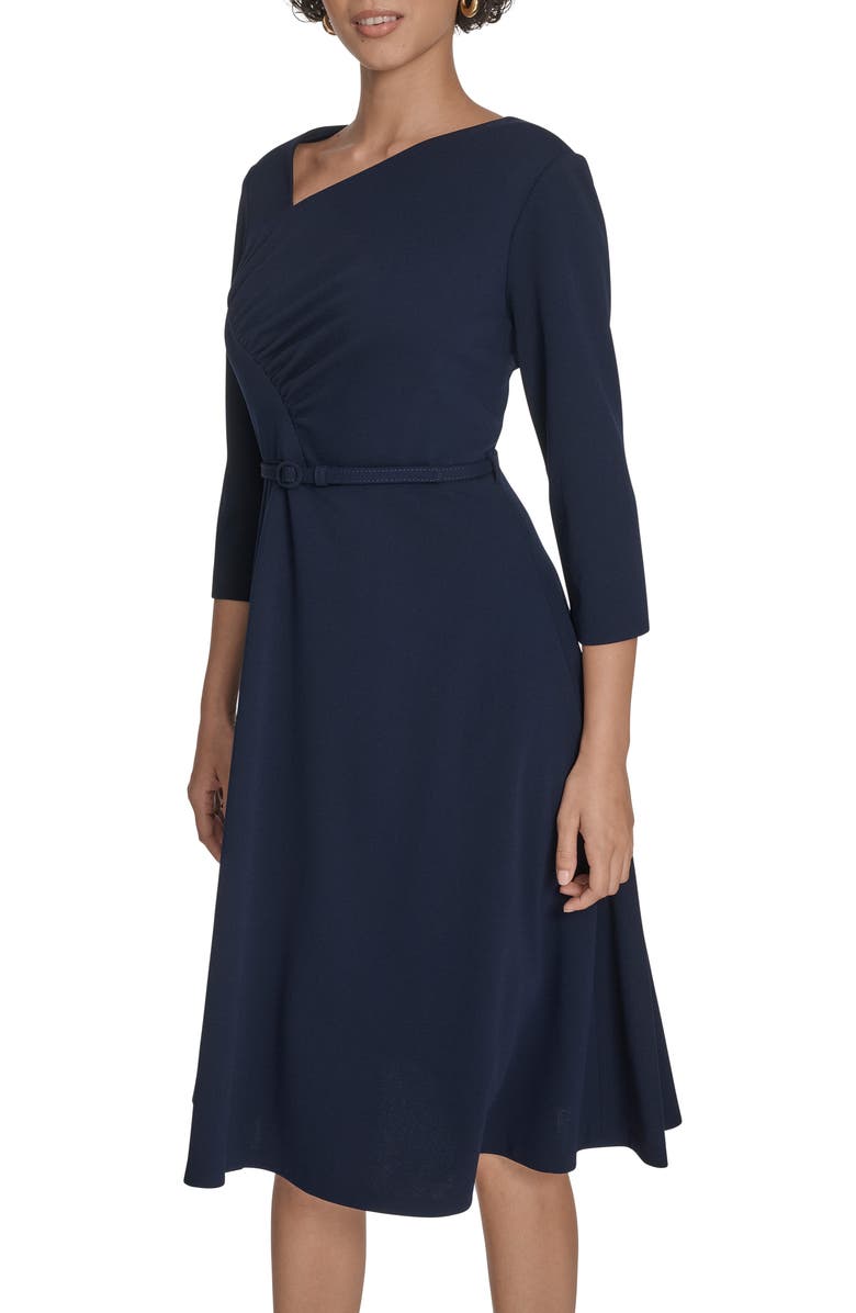 Calvin Klein Asymmetric Neck Belted Fit & Flare Midi Dress, Alternate, color, Indigo