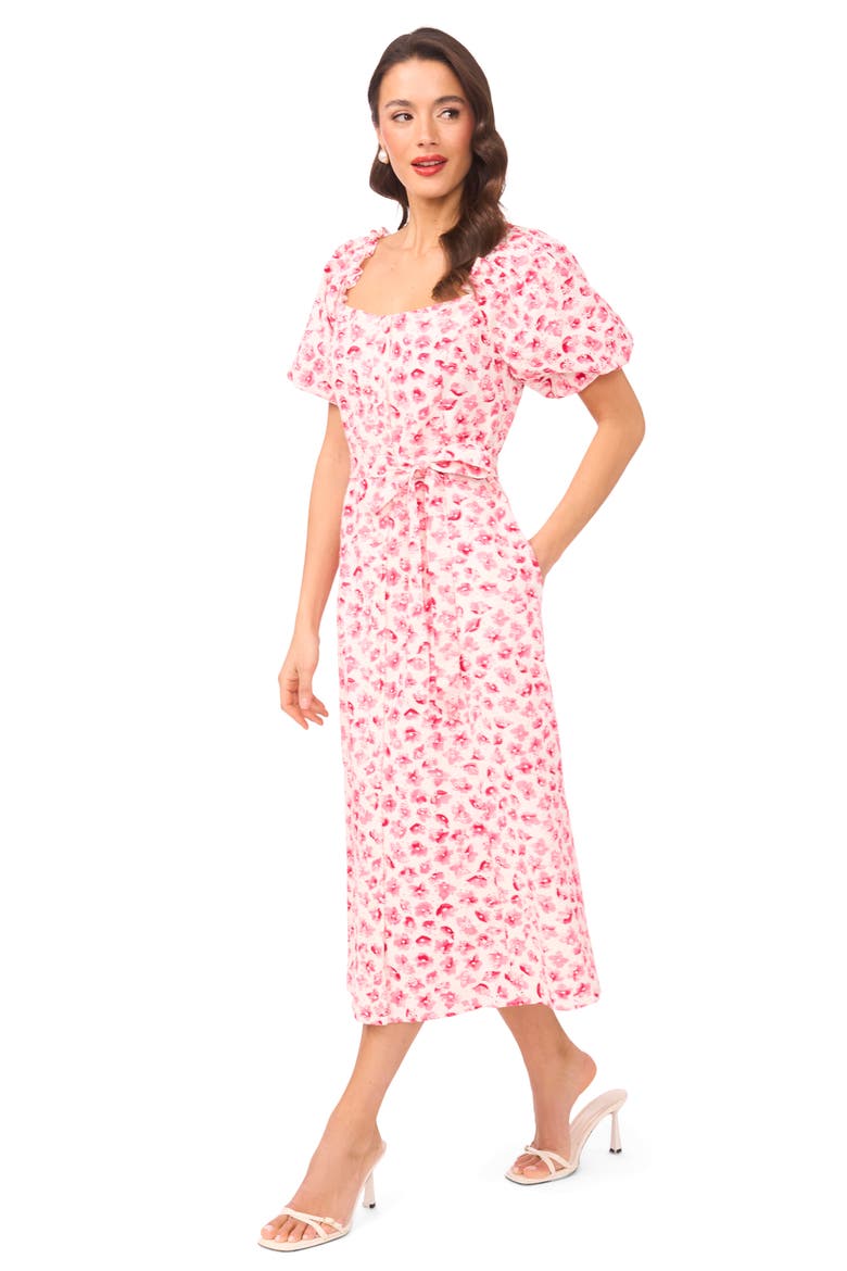 Floral Puff Sleeve Cotton Midi Dress, Alternate, color, ROSE CERISE