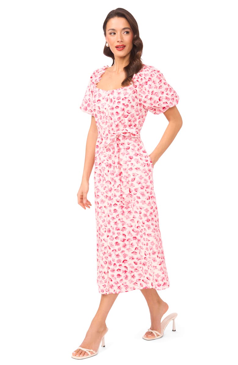 CeCe Floral Puff Sleeve Cotton Midi Dress, Alternate, color, Rose Cerise