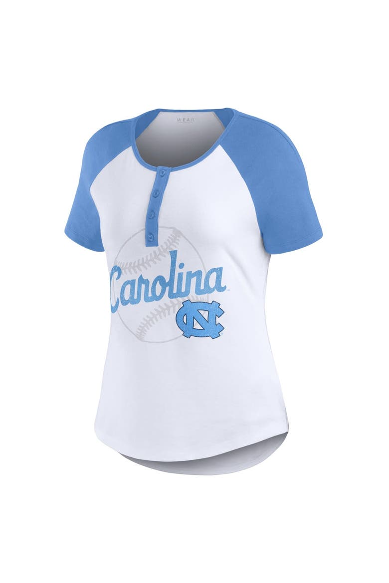 Women's WEAR by Erin Andrews White North Carolina Tar Heels Baseball Logo Raglan Henley T-Shirt, Alternate, color, White