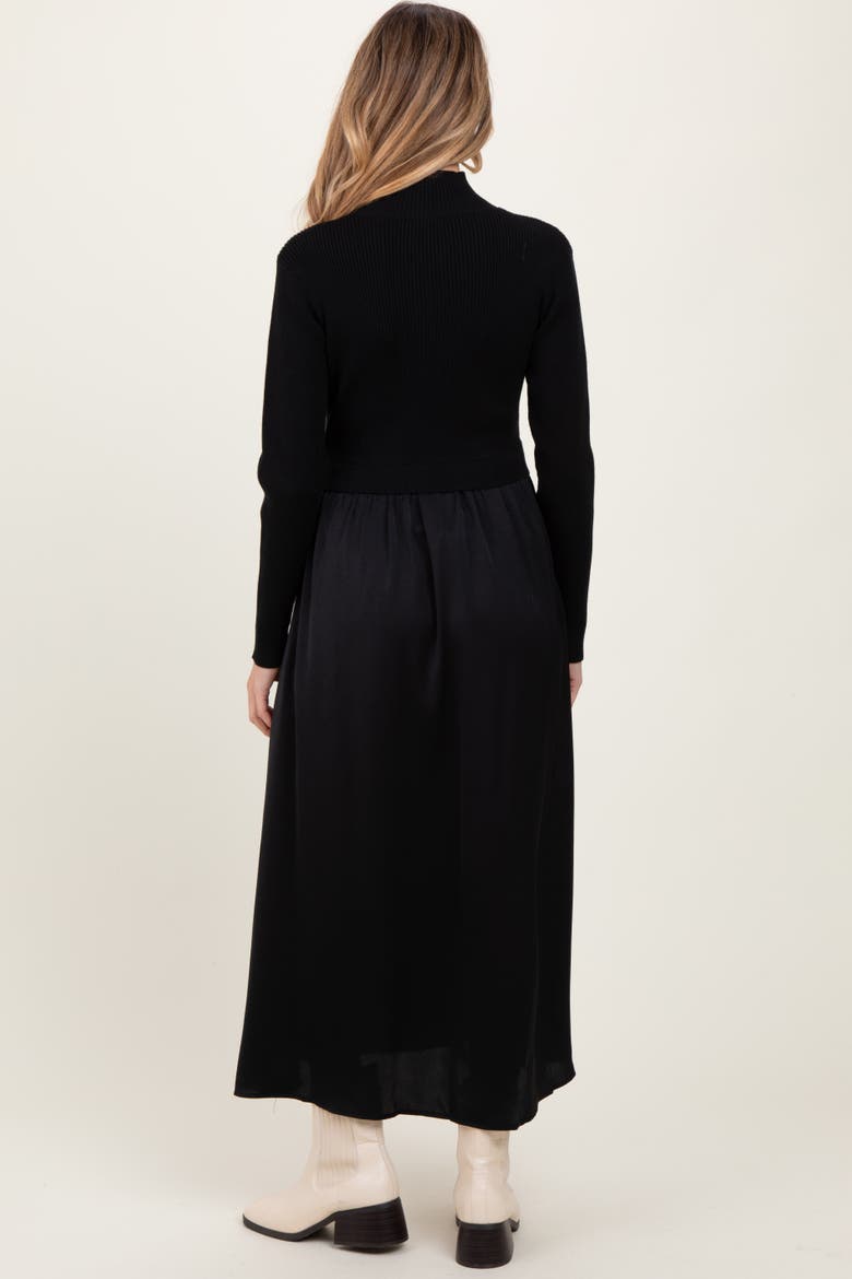 Knit Contrast Top Satin Midi Dress, Alternate, color, Black