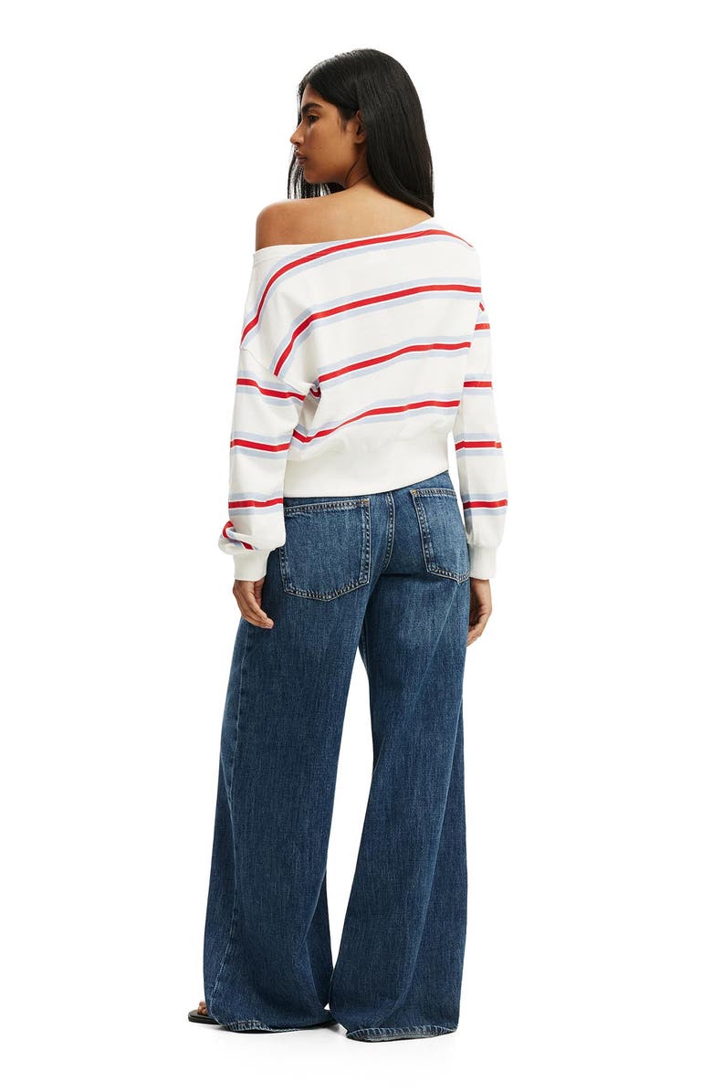 Cotton On Women's Relaxed Off Shoulder Sweatshirt, Alternate, color, Cream Red Blue Multi Stripe