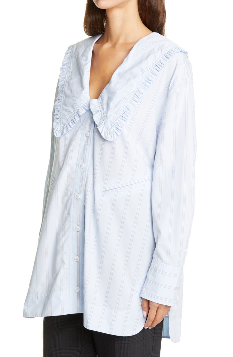 Ganni Ruffle Collar Stripe Cotton Oversized Shirt, Alternate, color, 