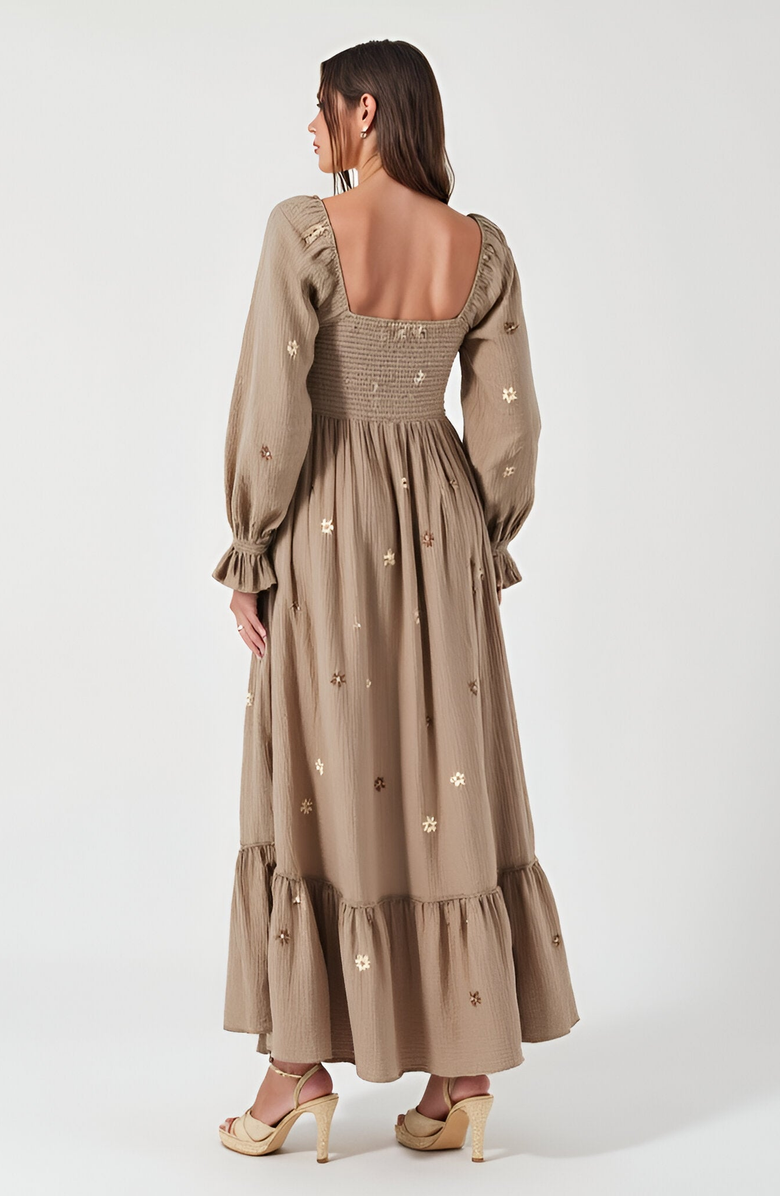 Modenaire Floral-Embroidered Smocked Tiered Open-Back Maxi Dress, Alternate, color,