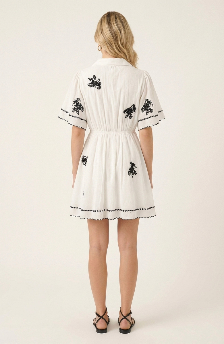 Modenaire Short-Sleeve Button-Front Embroidered Shirt Dress, Alternate, color, White / Black