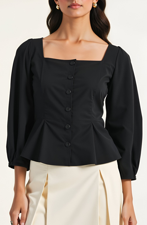 Modenaire Square Neck Long Sleeve Front Button Peplum Blouse In Black