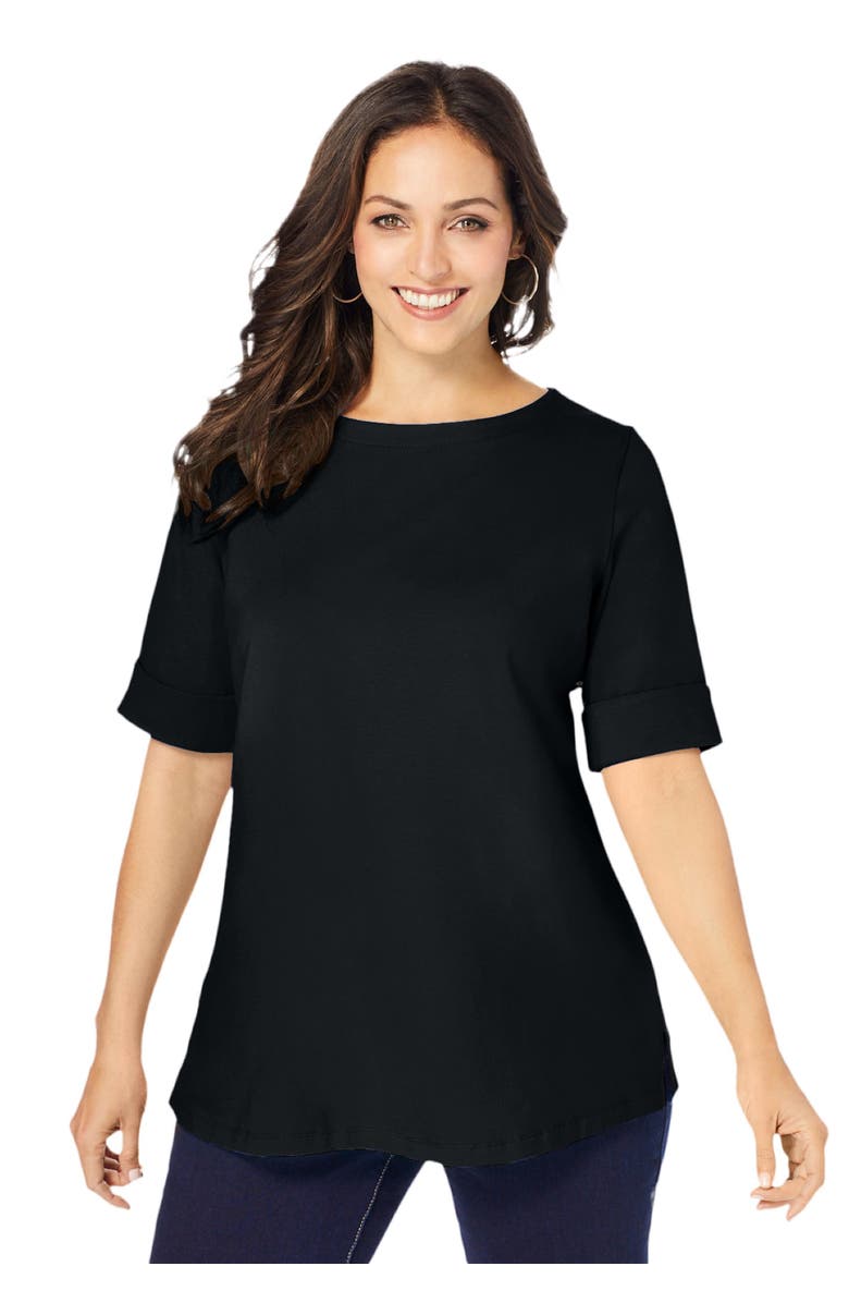 Jessica London Stretch Cotton Cuff Tee, Main, color, Black