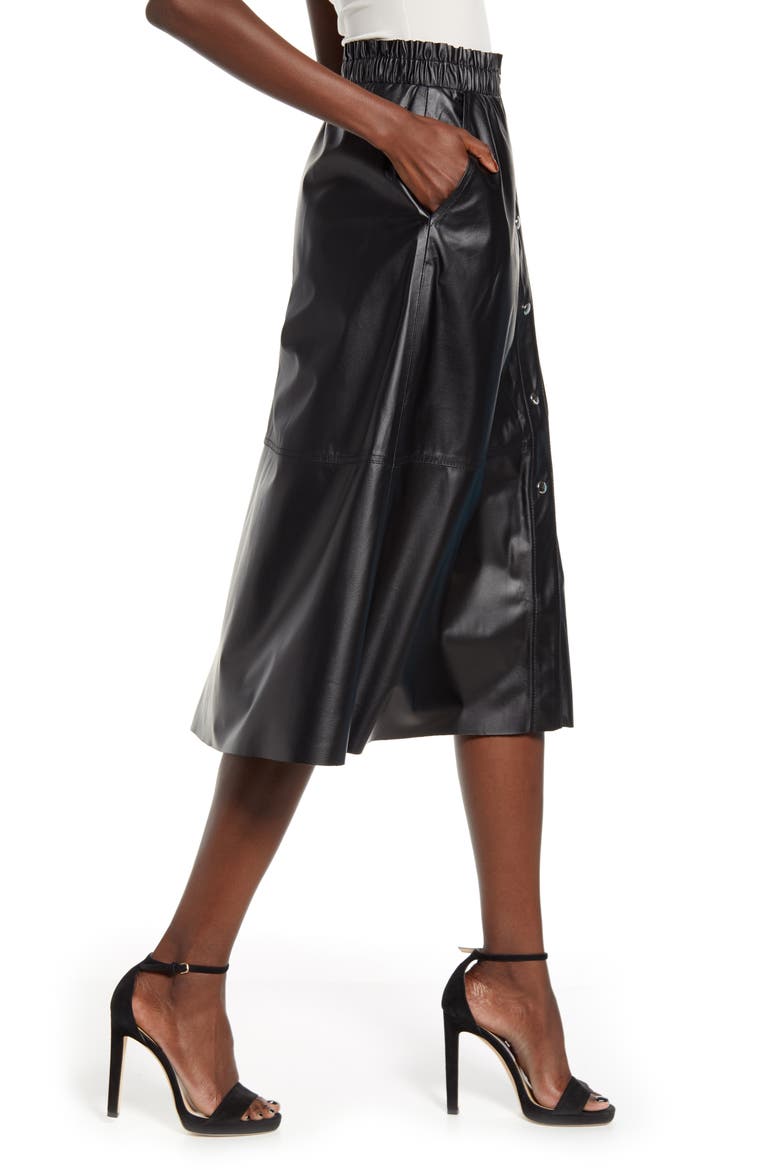 Snap Front Faux Leather Midi Skirt, Alternate, color, ONYX
