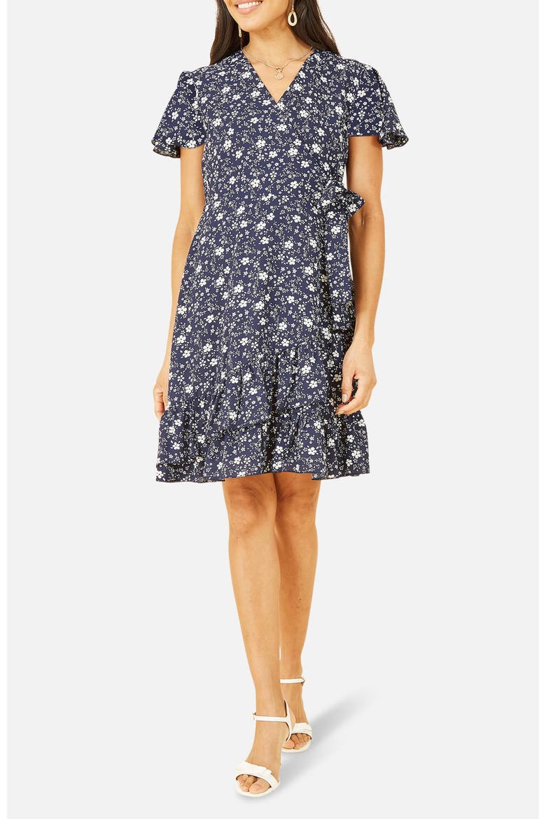 Ditsy Floral Wrap Frill Dress, Alternate, color, Navy