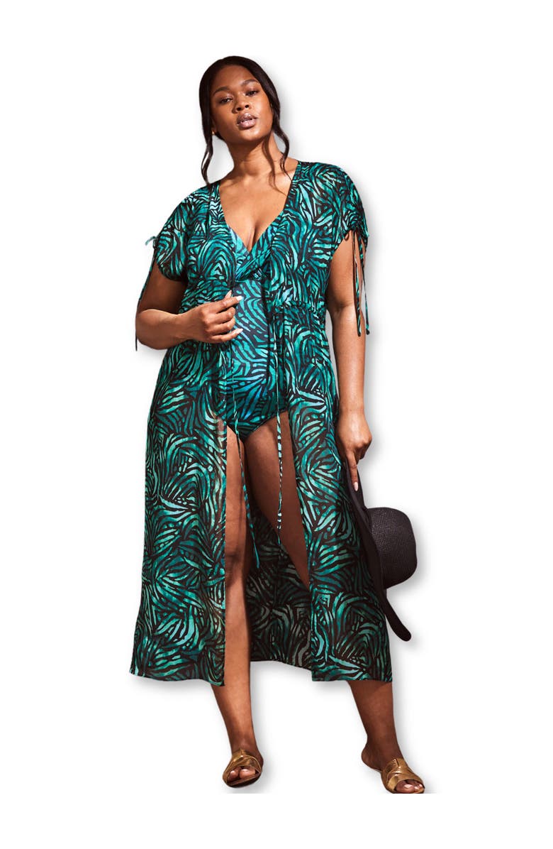 Live Unlimited Abstract Drawstring Shoulder Kimono, Main, color, Green