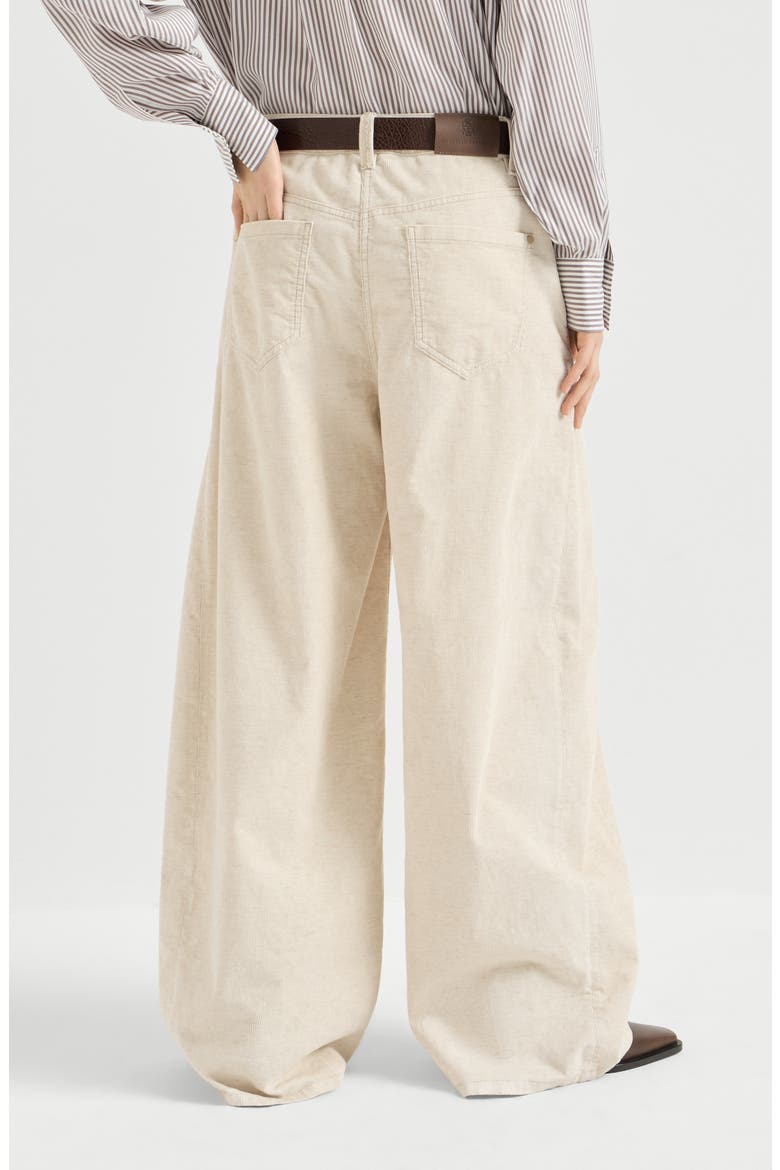 Garment-dyed wide trousers in cotton and linen corduroy with monili, Alternate, color, Ecru