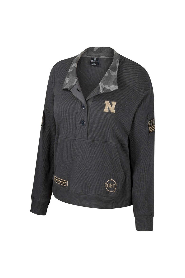 Women's Colosseum  Heather Charcoal Nebraska Huskers OHT Military Appreciation Payback Henley Thermal Sweatshirt, Alternate, color, Heather Charcoal