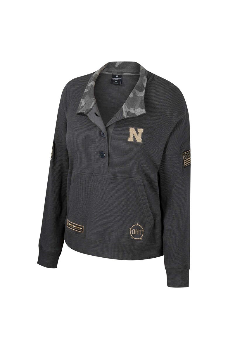 COLOSSEUM Women's Colosseum  Heather Charcoal Nebraska Huskers OHT Military Appreciation Payback Henley Thermal Sweatshirt, Alternate, color, Heather Charcoal
