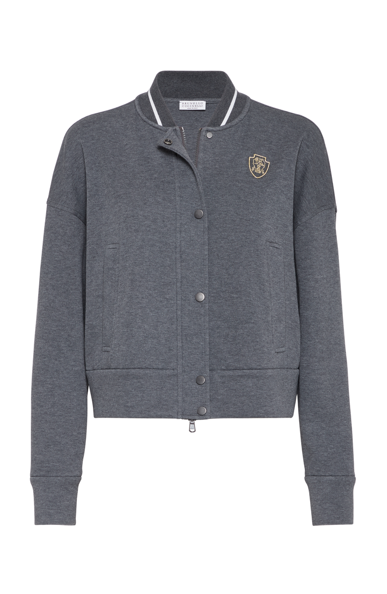 Brunello Cucinelli Techno cotton piqué bomber jacket with logo, Main, color, 