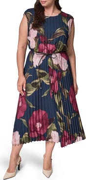 DONNA KARAN Floral Pleated Chiffon Midi Dress