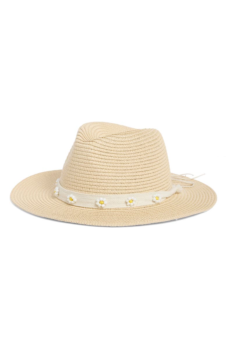 Steve Madden Flower Beaded Straw Fedora, Main, color, Natural