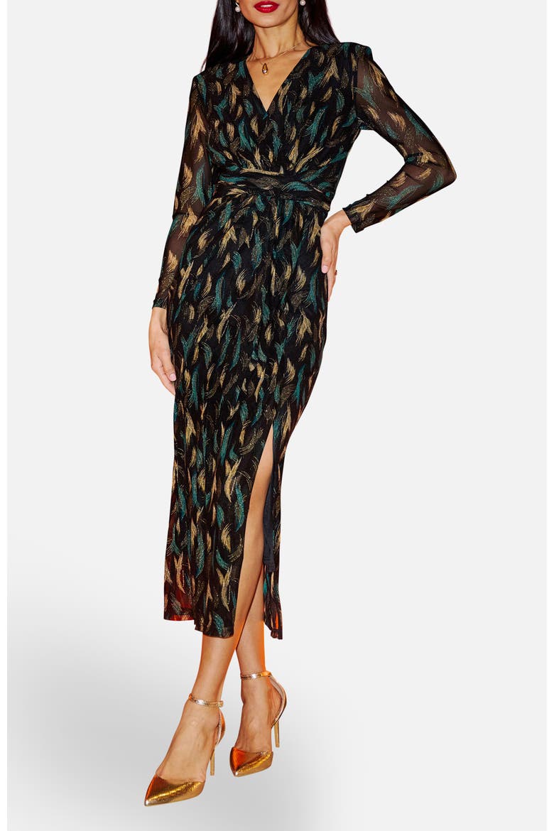 Metallic Sparkle Mesh Wrap Midi Dress, Alternate, color, Black