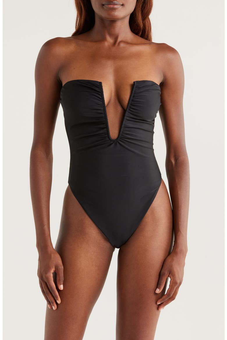 Bianka Plunge One-Piece Swimsuit, Main, color, BLACK