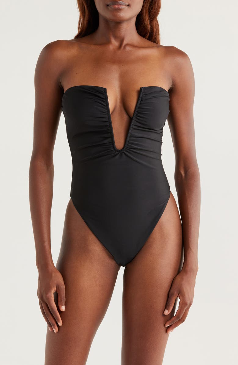 Ramy Brook Bianka Plunge One-Piece Swimsuit, Main, color, Black