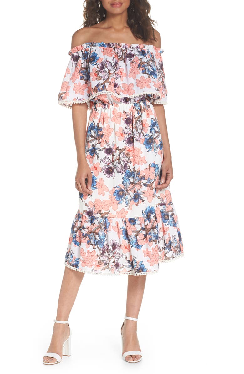 Fraiche by J Off the Shoulder Tiered Midi Dress, Main, color, 